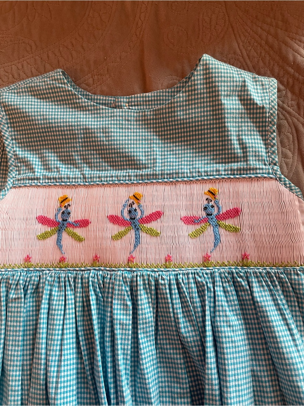 Blue Gingham Dress with Pink Smocked Dragonfly Embroidery